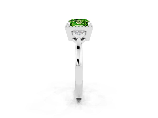 Silver Princess Cut Peridot Halo Ring with Tapered Band and Four-Prong Setting