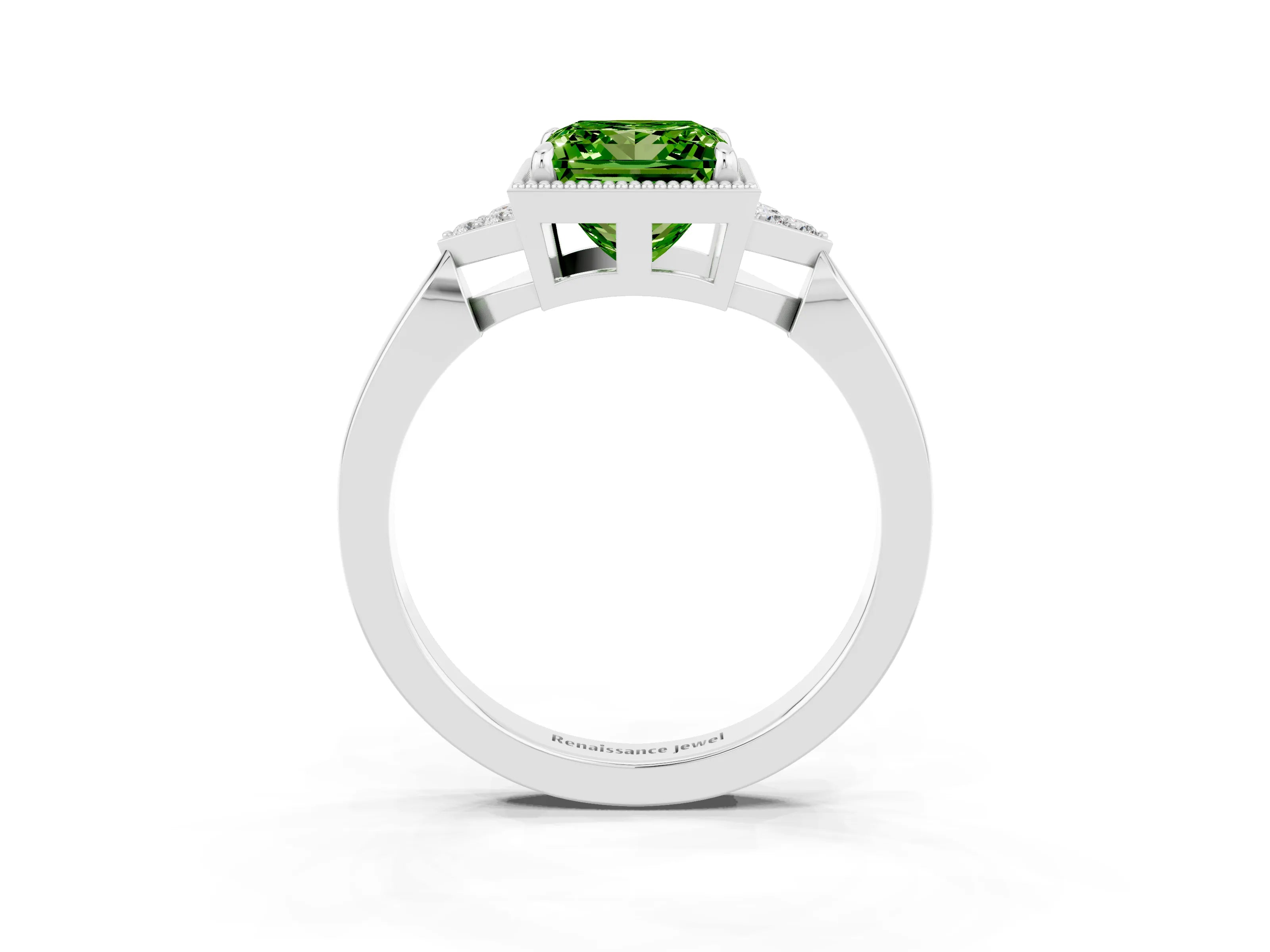 White gold Princess Cut Peridot Halo Ring with Tapered Band and Four-Prong Setting_3