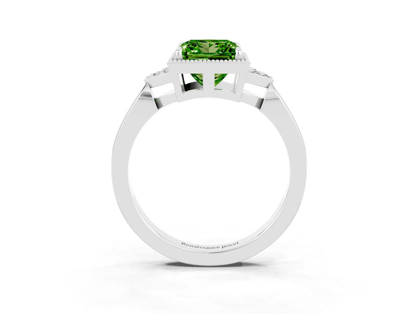 Silver Princess Cut Peridot Halo Ring with Tapered Band and Four-Prong Setting