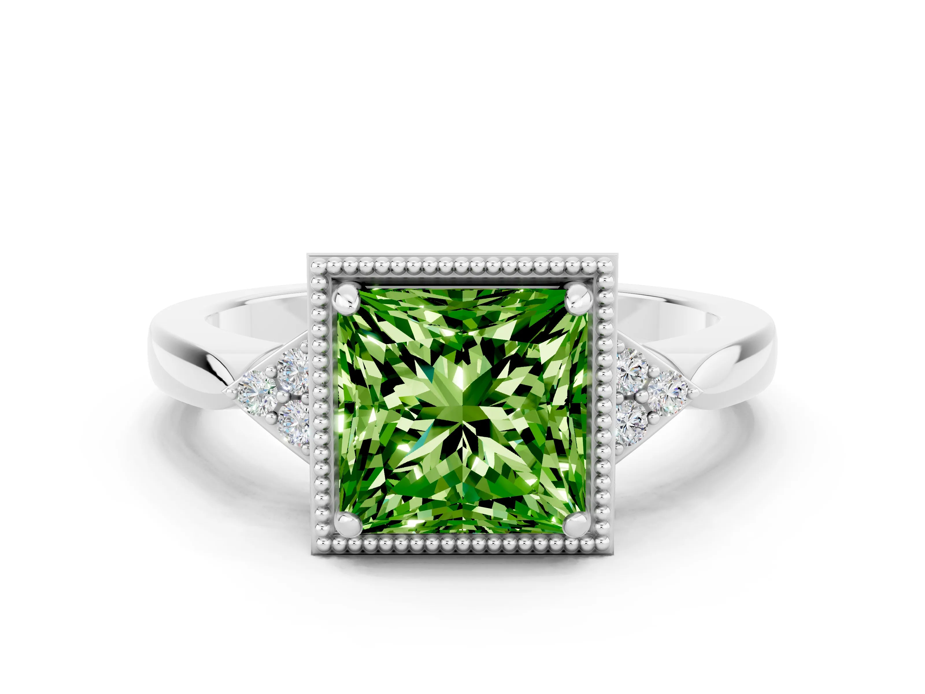 White gold Princess Cut Peridot Halo Ring with Tapered Band and Four-Prong Setting