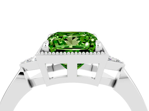 White gold Princess Cut Peridot Halo Ring with Tapered Band and Four-Prong Setting_4