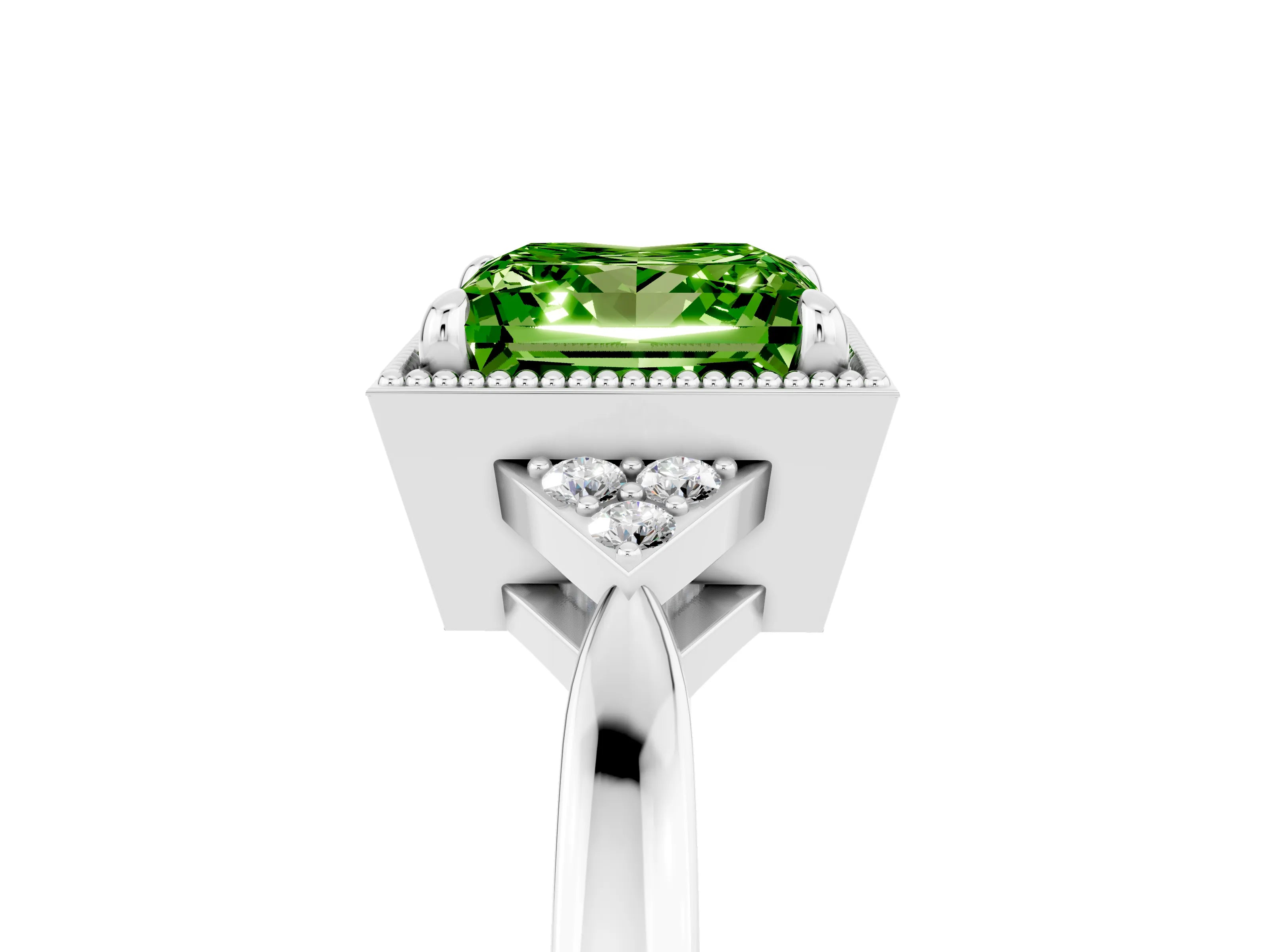 White gold Princess Cut Peridot Halo Ring with Tapered Band and Four-Prong Setting_5