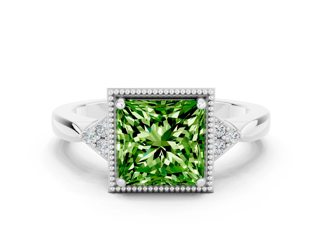 White gold Princess Cut Peridot Halo Ring with Tapered Band and Four-Prong Setting