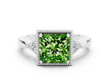 White gold Princess Cut Peridot Halo Ring with Tapered Band and Four-Prong Setting