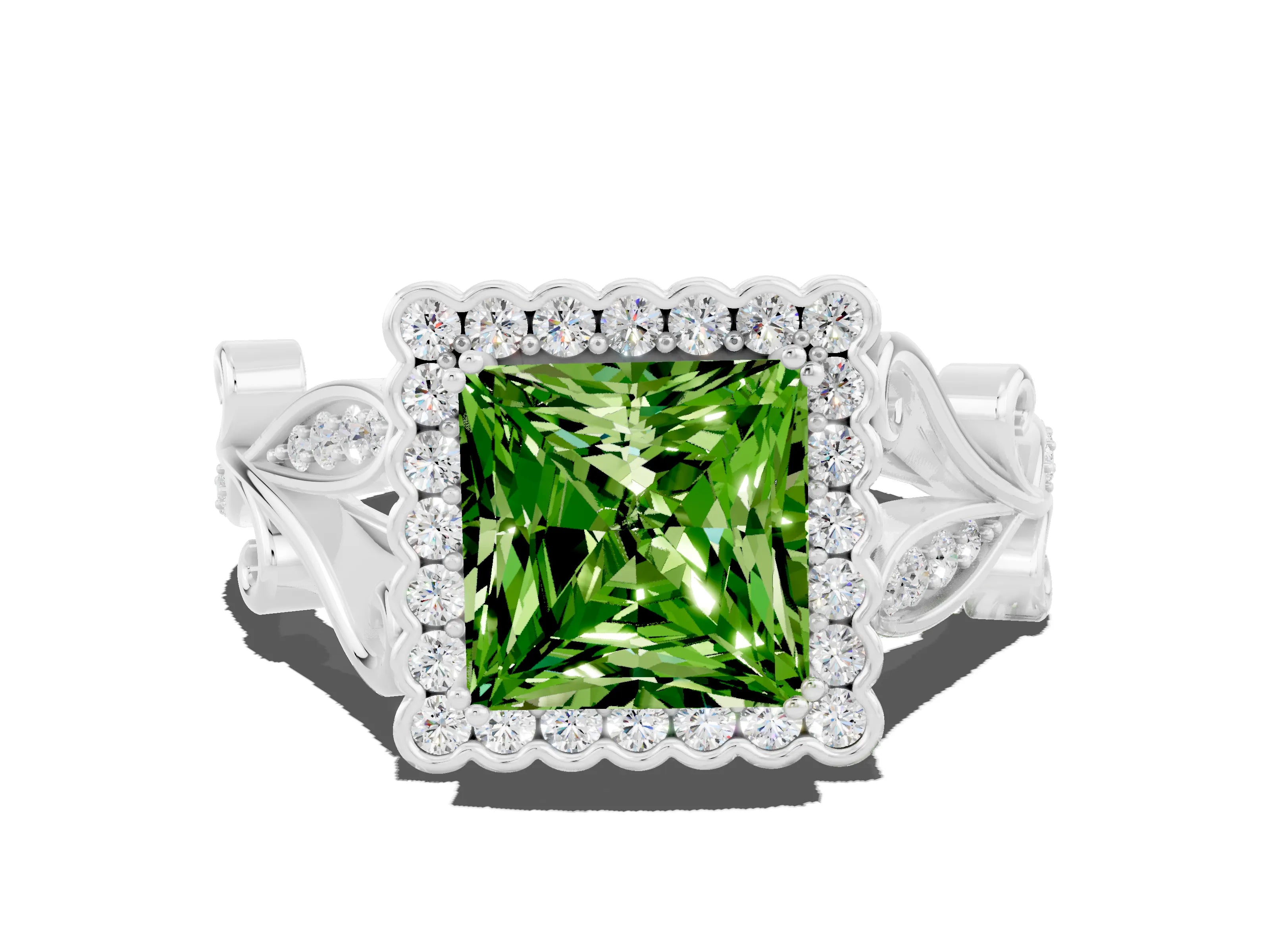 White gold Princess Cut Peridot Halo Ring with Vintage Split Shank and Four-Prong Setting_24