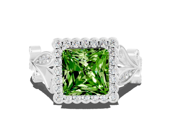 White gold Princess Cut Peridot Halo Ring with Vintage Split Shank and Four-Prong Setting