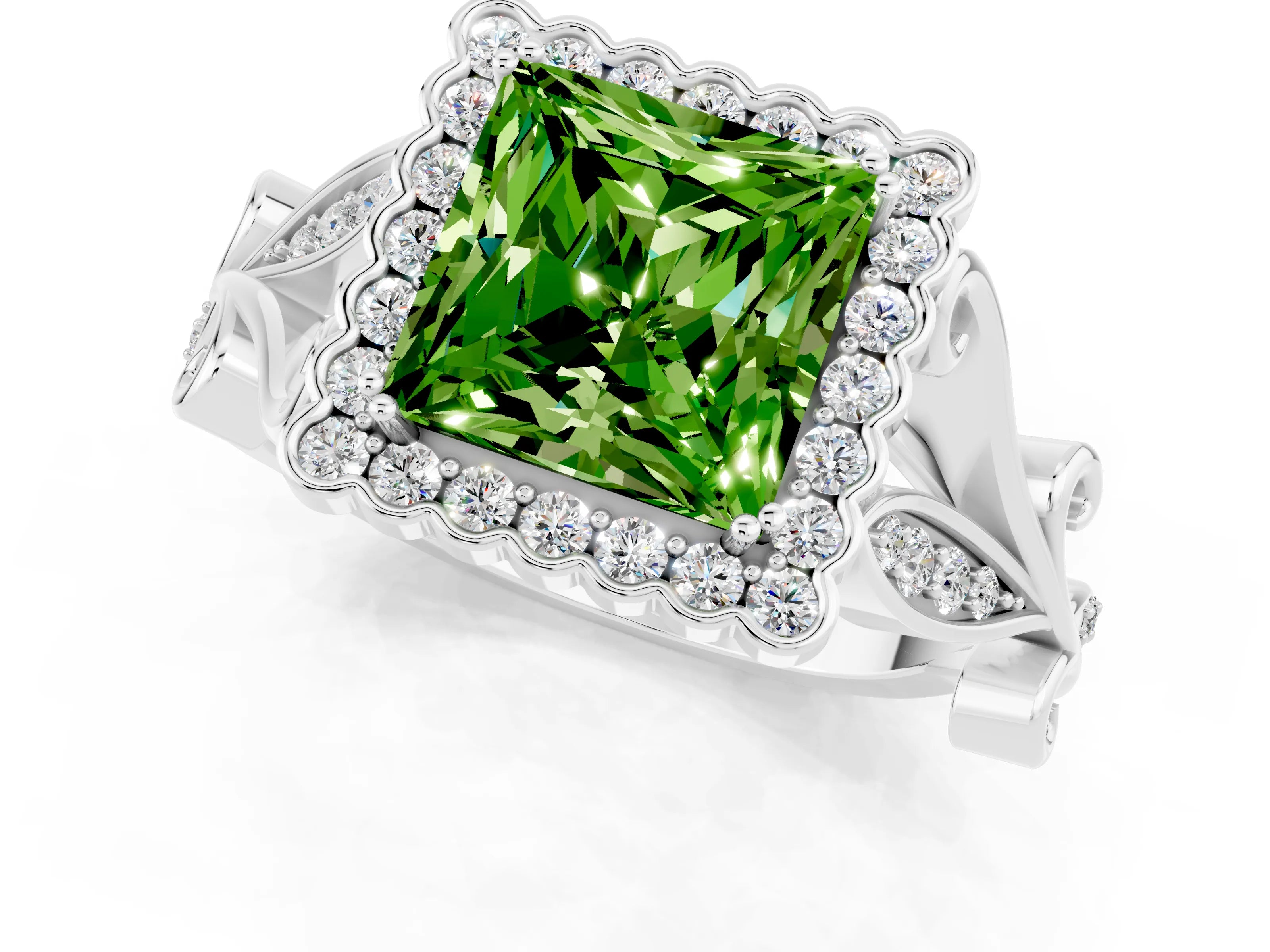 White gold Princess Cut Peridot Halo Ring with Vintage Split Shank and Four-Prong Setting_25