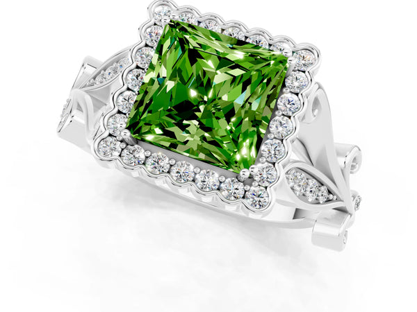 White gold Princess Cut Peridot Halo Ring with Vintage Split Shank and Four-Prong Setting
