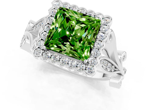 White gold Princess Cut Peridot Halo Ring with Vintage Split Shank and Four-Prong Setting_25
