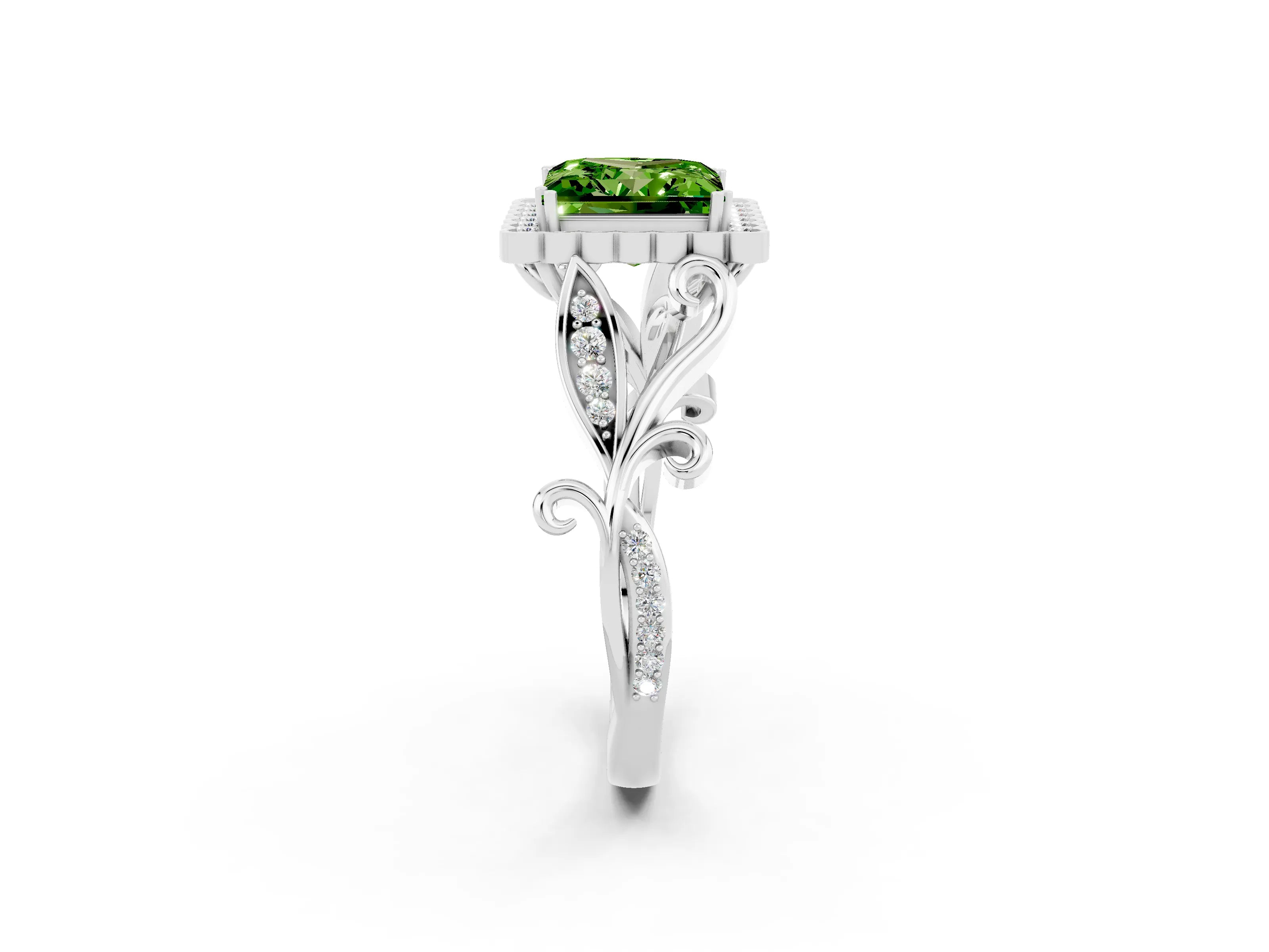 White gold Princess Cut Peridot Halo Ring with Vintage Split Shank and Four-Prong Setting_26