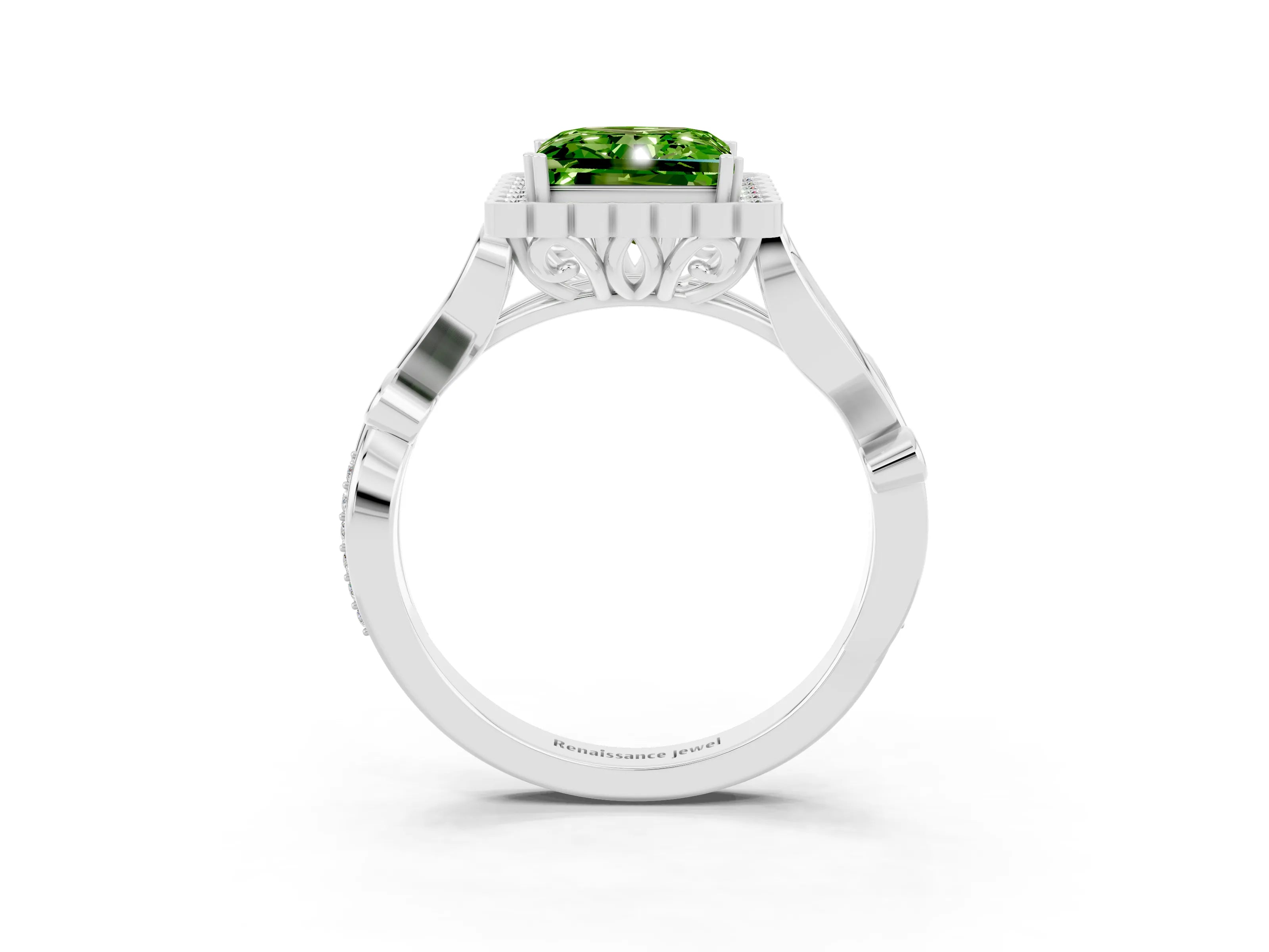White gold Princess Cut Peridot Halo Ring with Vintage Split Shank and Four-Prong Setting_27