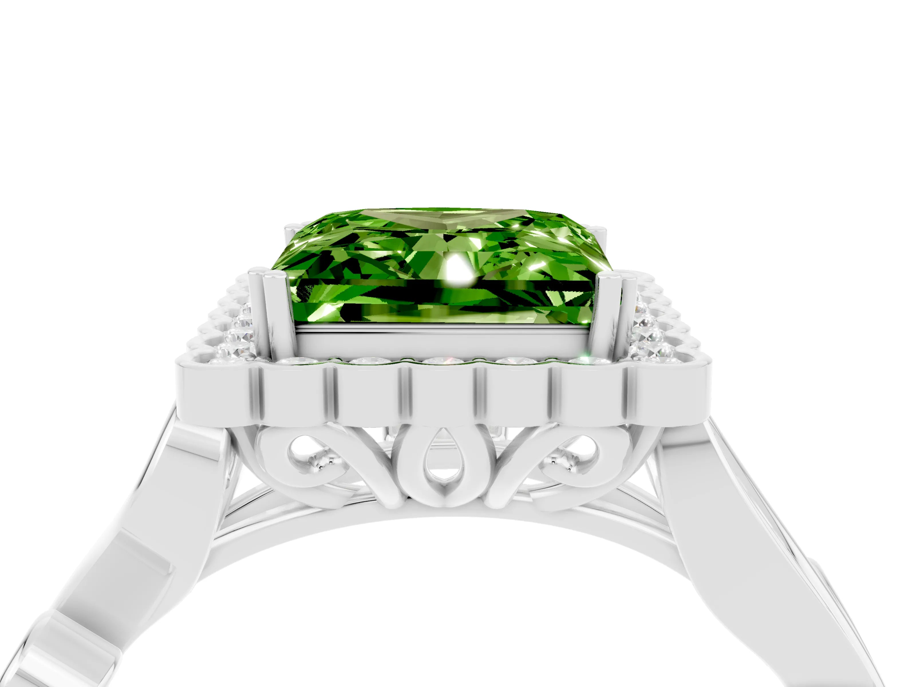 White gold Princess Cut Peridot Halo Ring with Vintage Split Shank and Four-Prong Setting_28