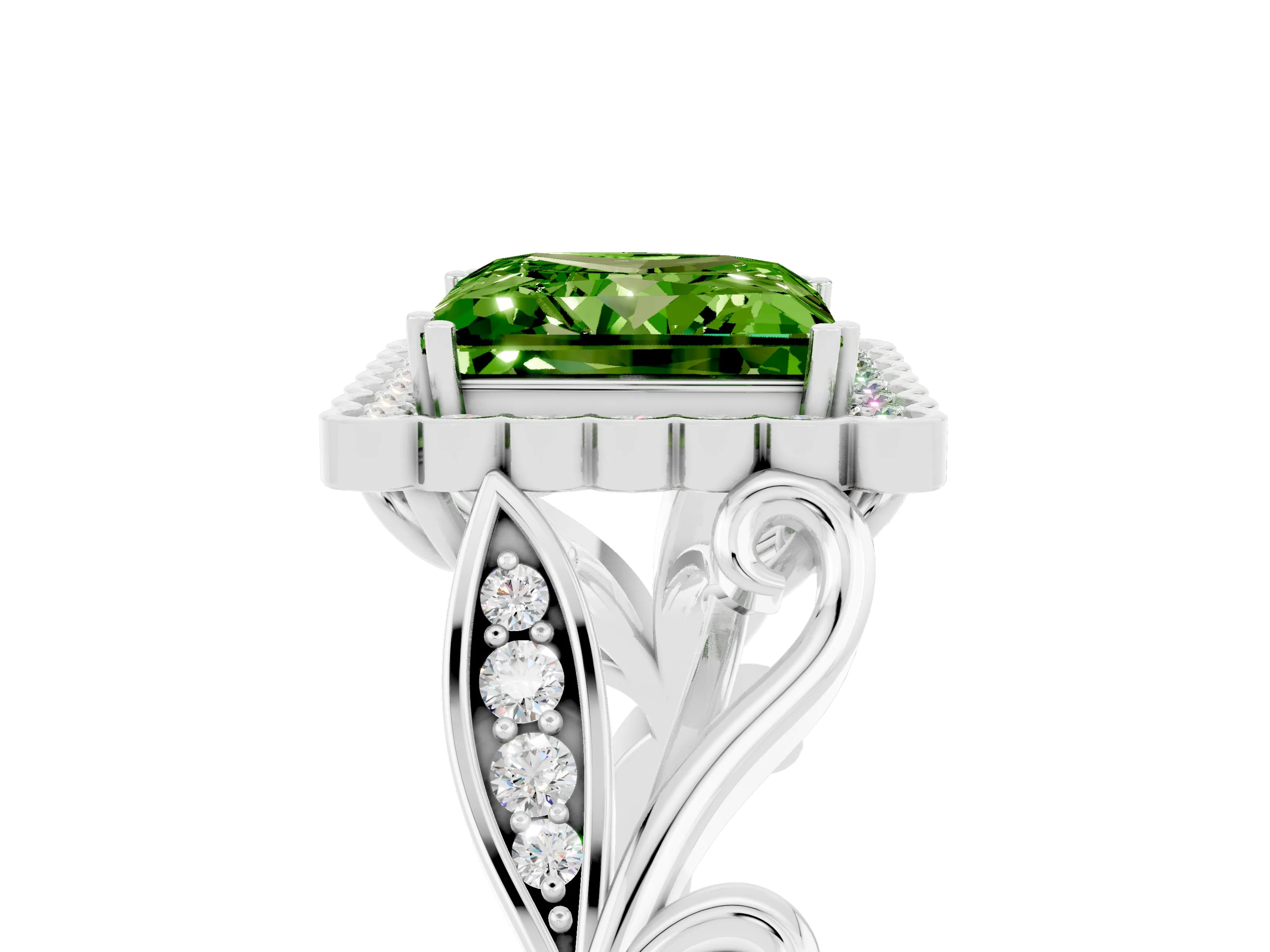 White gold Princess Cut Peridot Halo Ring with Vintage Split Shank and Four-Prong Setting_29