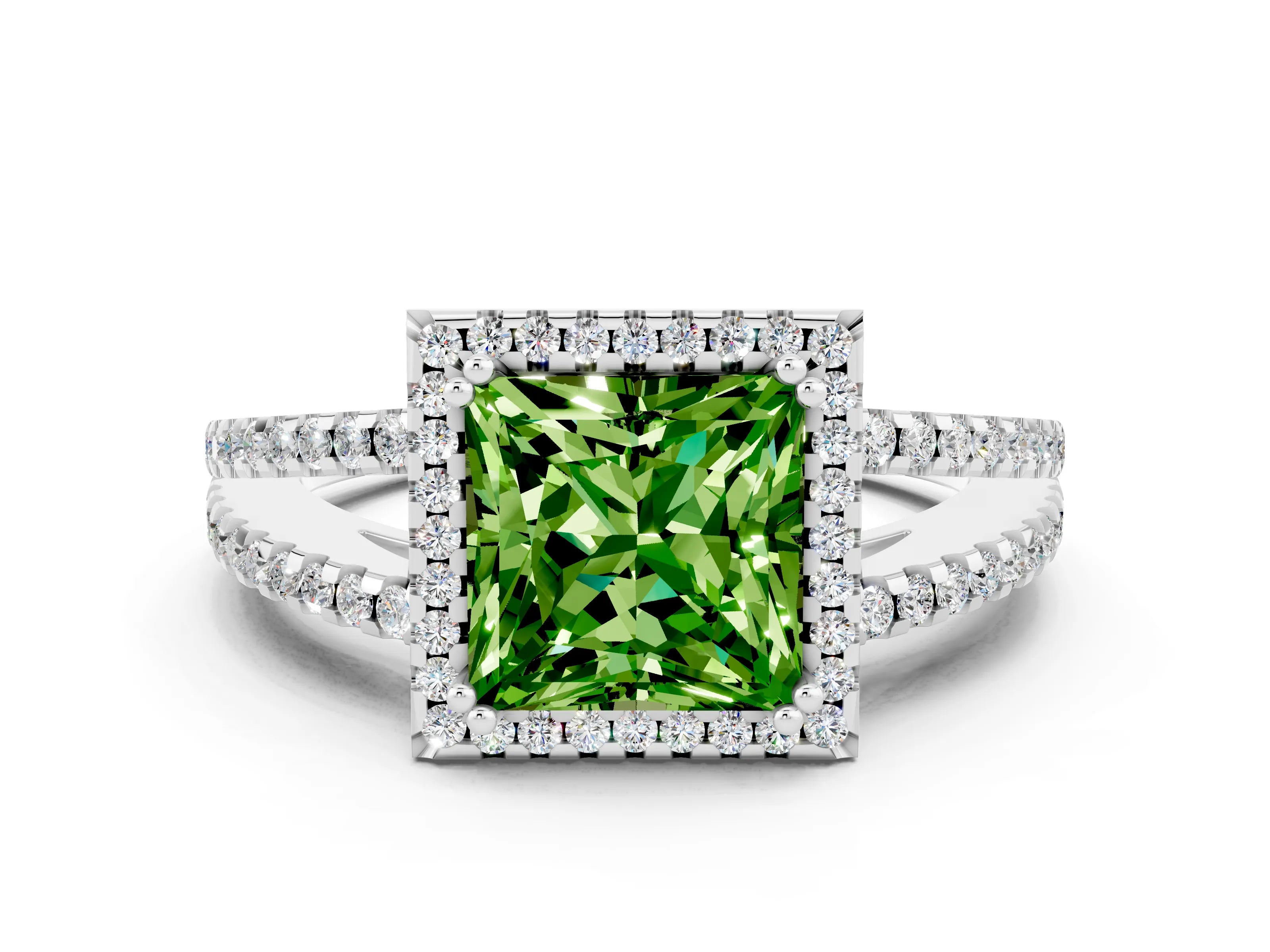 White gold Princess Cut Peridot Halo Split Shank Engagement Ring_12