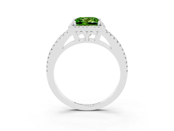 Silver Princess Cut Peridot Halo Split Shank Engagement Ring