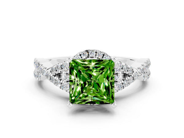 White gold Princess Cut Peridot  Halo Twist Band Solitaire Prong Setting Ring