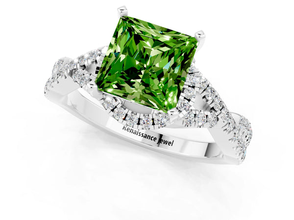 White gold Princess Cut Peridot  Halo Twist Band Solitaire Prong Setting Ring