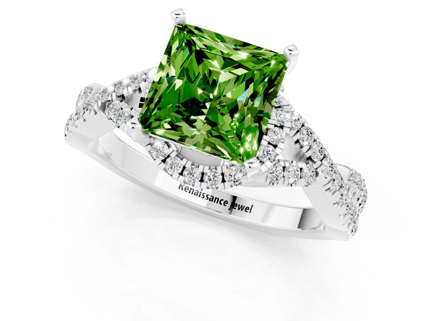 Silver Princess Cut Peridot  Halo Twist Band Solitaire Prong Setting Ring
