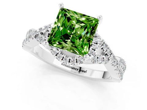 White gold Princess Cut Peridot Halo Twist Band Solitaire Prong Setting Ring_1