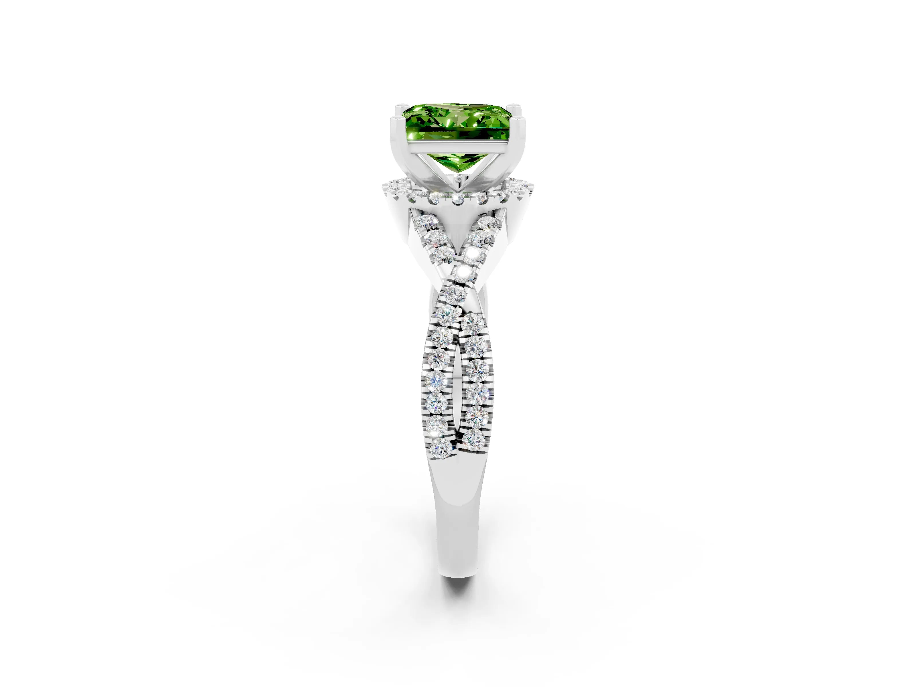 White gold Princess Cut Peridot Halo Twist Band Solitaire Prong Setting Ring_2