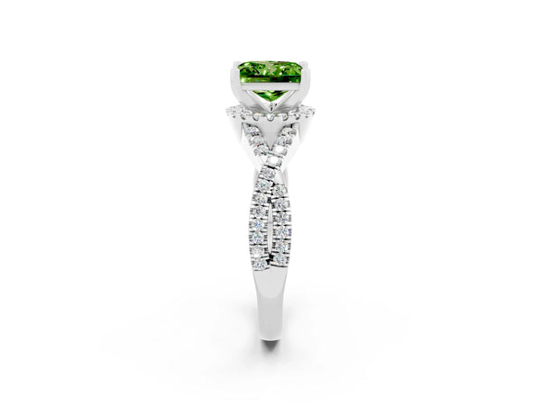 White gold Princess Cut Peridot  Halo Twist Band Solitaire Prong Setting Ring
