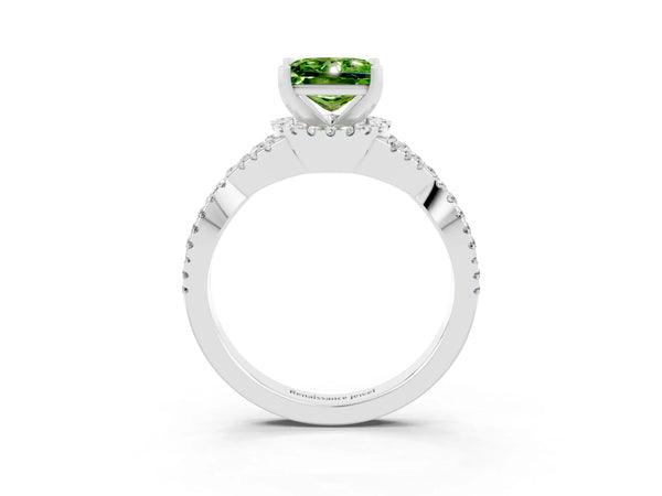 White gold Princess Cut Peridot  Halo Twist Band Solitaire Prong Setting Ring