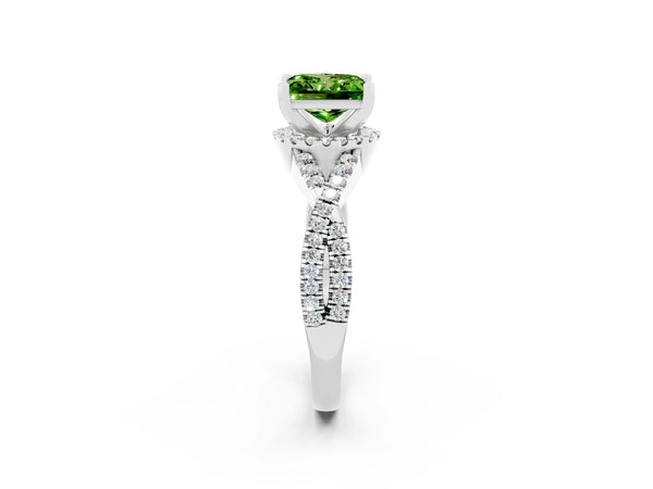 White gold Princess Cut Peridot  Halo Twist Band Solitaire Prong Setting Ring