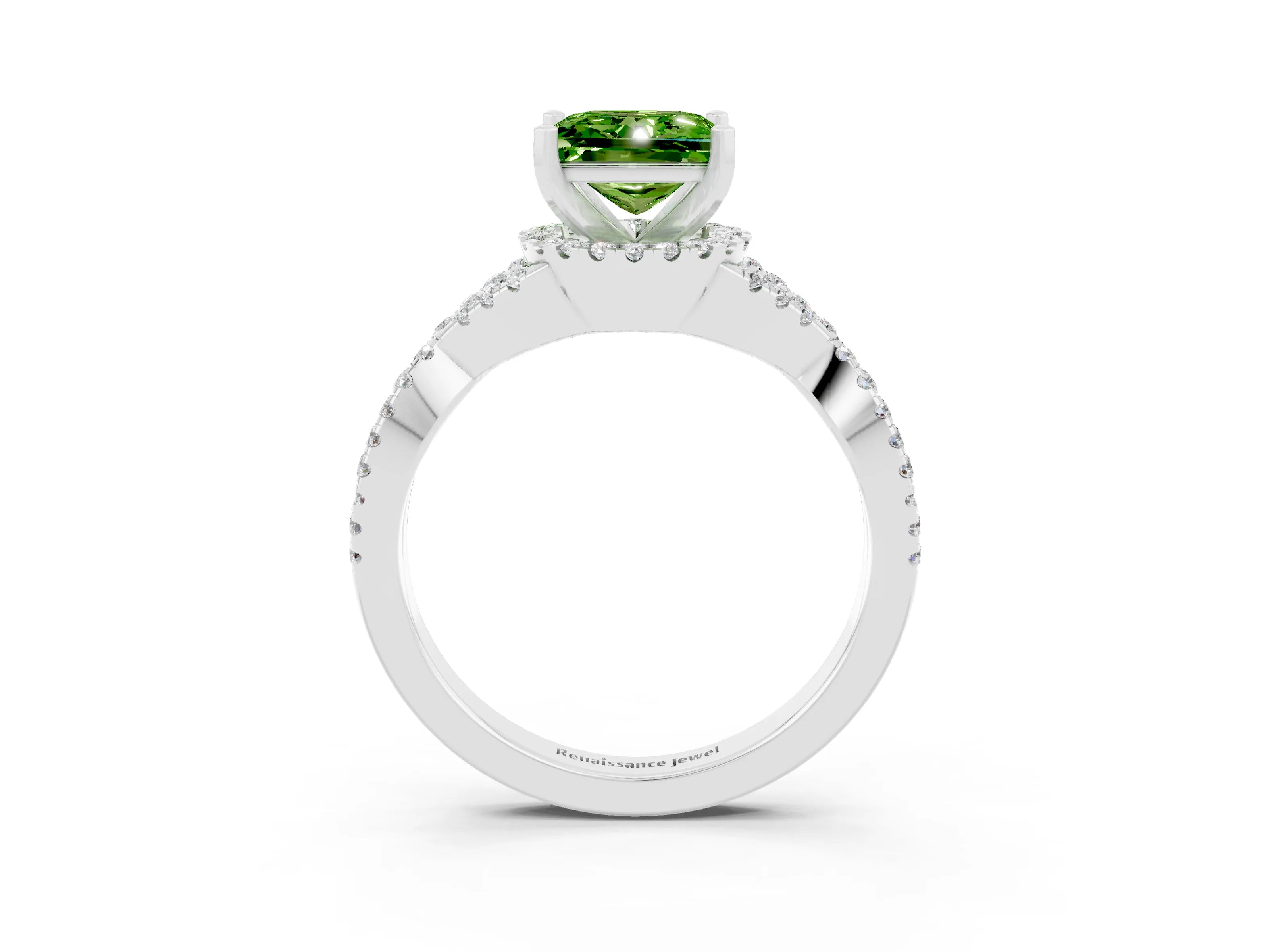White gold Princess Cut Peridot Halo Twist Band Solitaire Prong Setting Ring_3