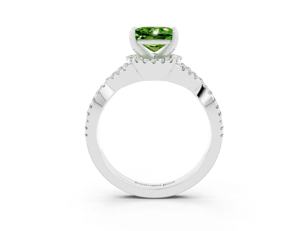 White gold Princess Cut Peridot  Halo Twist Band Solitaire Prong Setting Ring