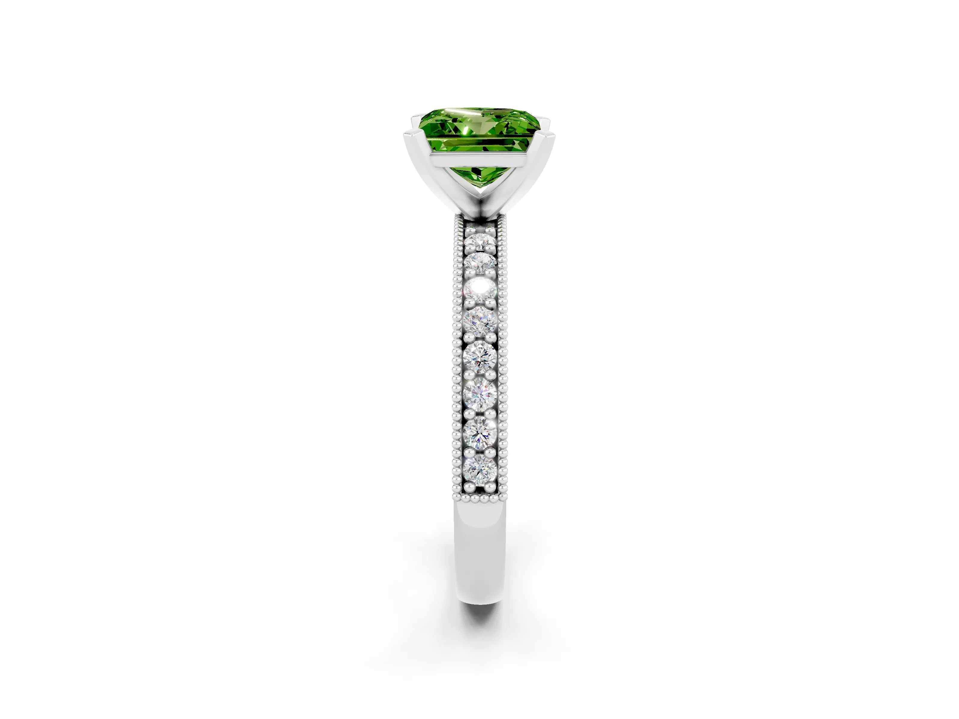 White gold Princess Cut Peridot Milgrain Pavé Engagement Ring with Four-Prong Setting_14