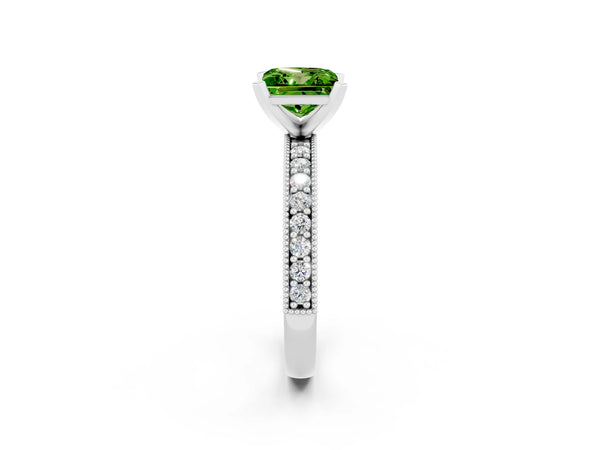 White gold Princess Cut Peridot Milgrain Pavé Engagement Ring with Four-Prong Setting