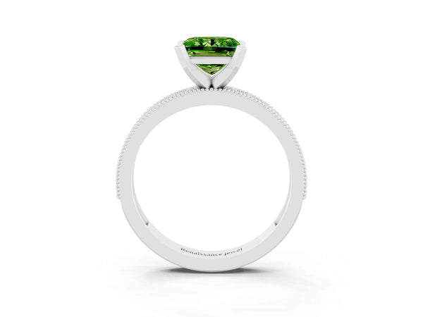 Platinum Princess Cut Peridot Milgrain Pavé Engagement Ring with Four-Prong Setting