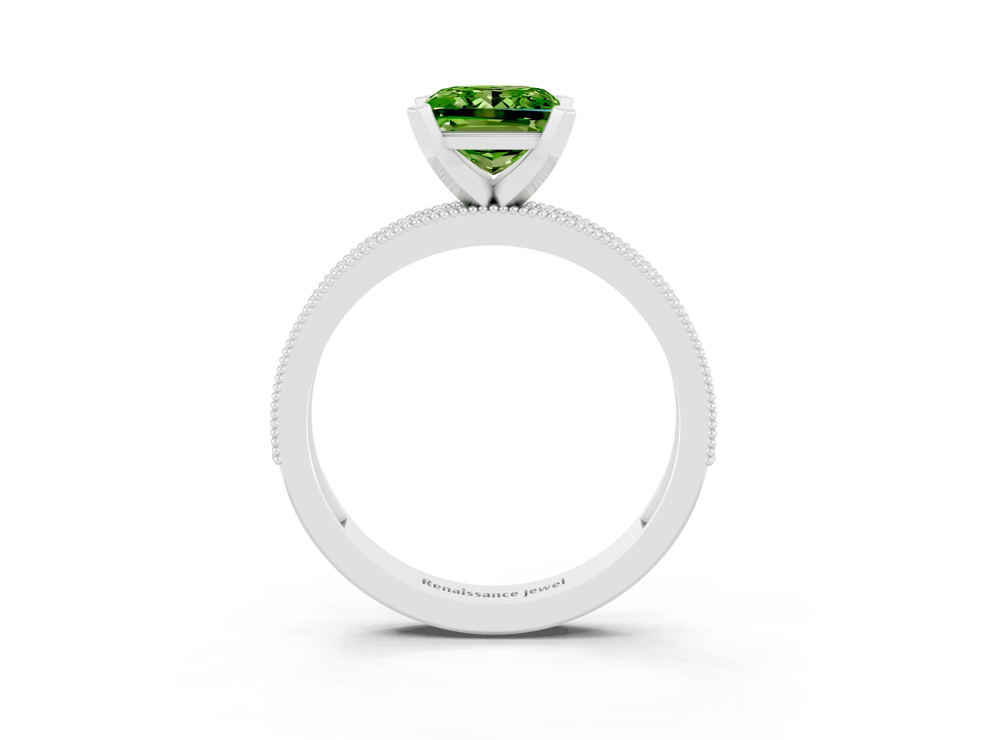 White gold Princess Cut Peridot Milgrain Pavé Engagement Ring with Four-Prong Setting_15