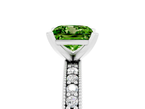 White gold Princess Cut Peridot Milgrain Pavé Engagement Ring with Four-Prong Setting_17
