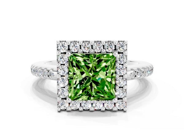 White gold Princess Cut Peridot Pavé Halo Ring with Four-Prong Setting