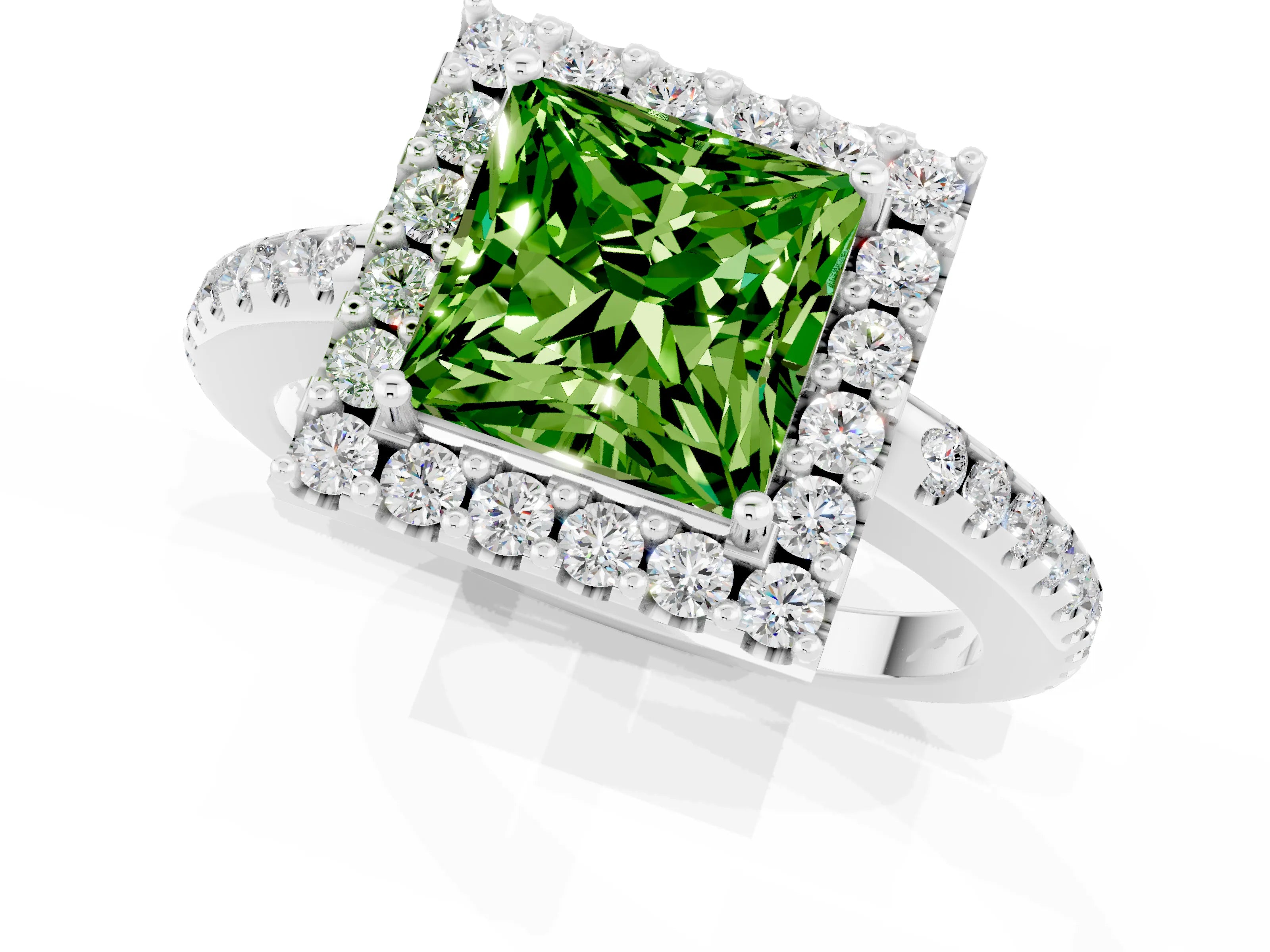 White gold Princess Cut Peridot Pavé Halo Ring with Four-Prong Setting_25