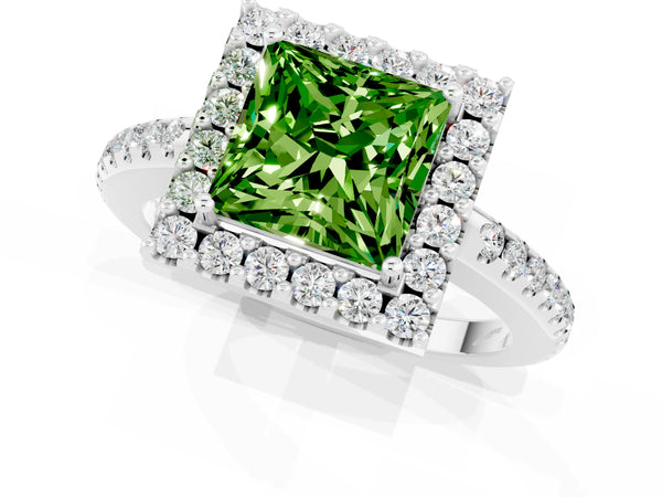 Silver Princess Cut Peridot Pavé Halo Ring with Four-Prong Setting