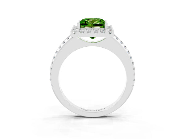 Platinum Princess Cut Peridot Pavé Halo Ring with Four-Prong Setting
