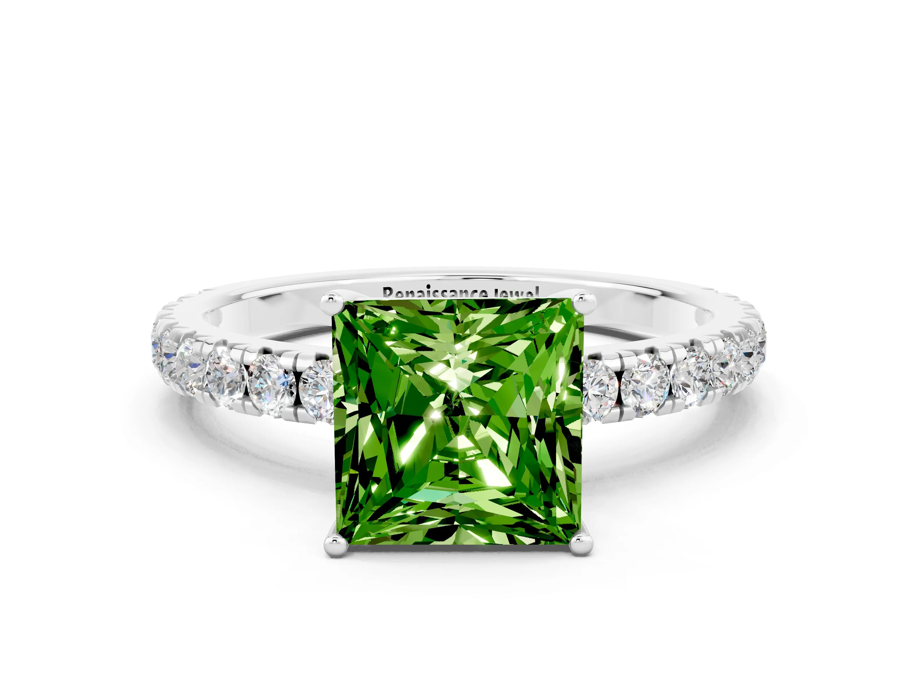 White gold Princess Cut Peridot Pavé Solitaire Engagement Ring with Four-Prong Setting_12