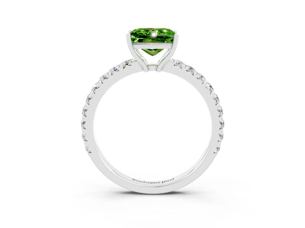 White gold Princess Cut Peridot Pavé Solitaire Engagement Ring with Four-Prong Setting