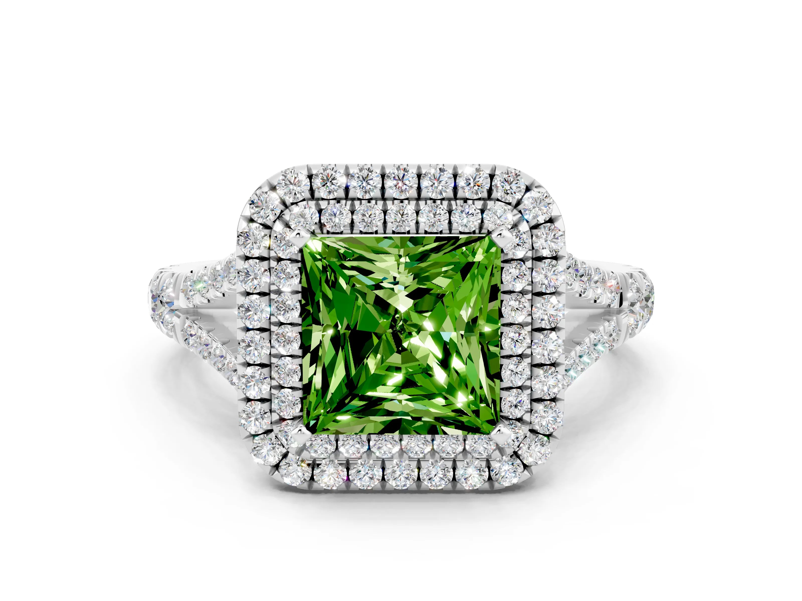 White gold Princess Cut Peridot Pavé Split Shank Double Halo Engagement Ring