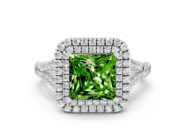 Platinum Princess Cut Peridot Pavé Split Shank Double Halo Engagement Ring