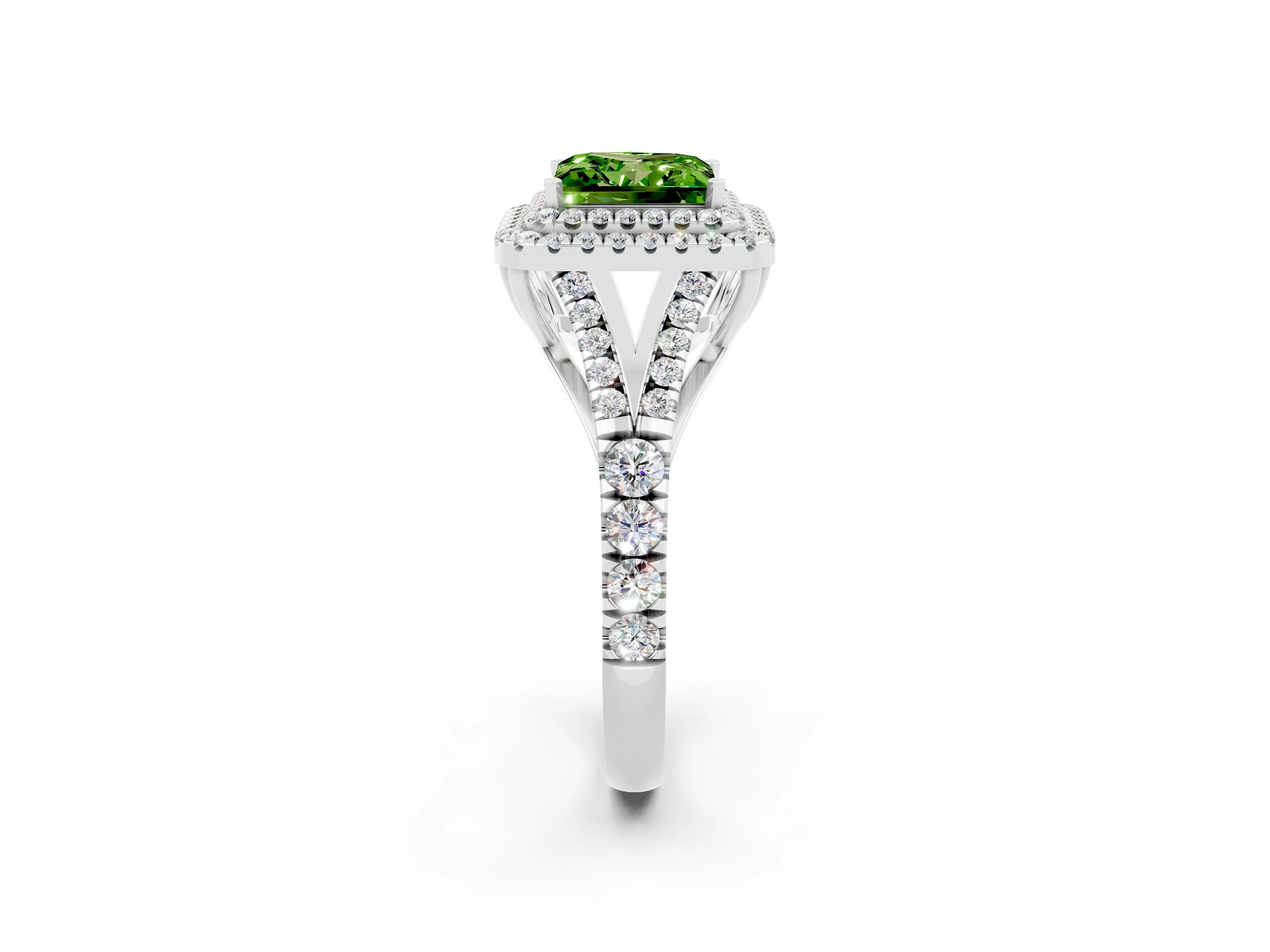 White gold Princess Cut Peridot Pavé Split Shank Double Halo Engagement Ring_2