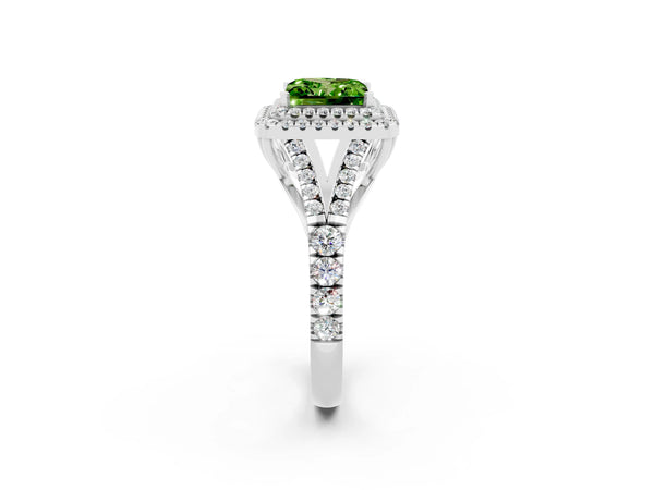 White gold Princess Cut Peridot Pavé Split Shank Double Halo Engagement Ring