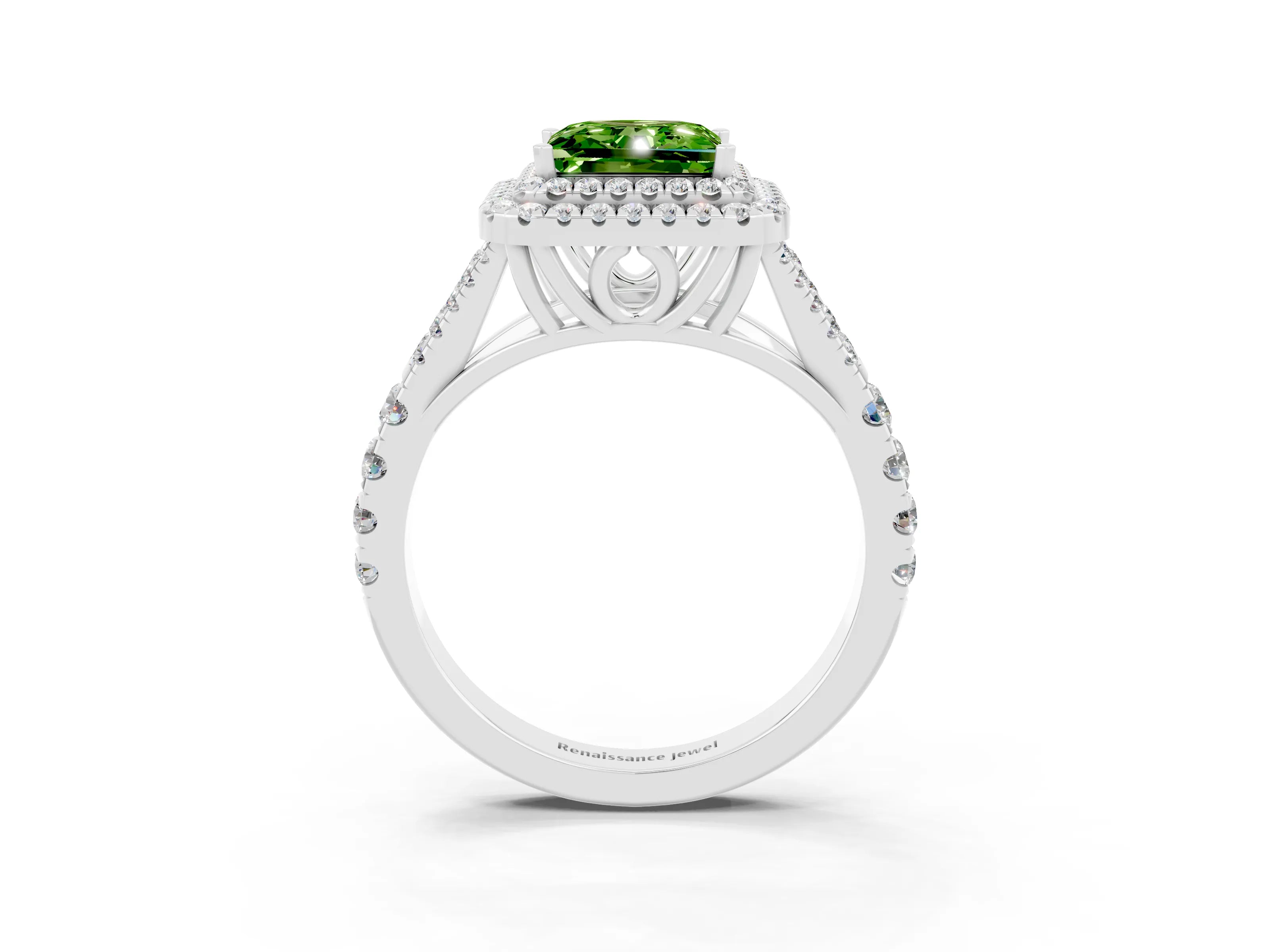 White gold Princess Cut Peridot Pavé Split Shank Double Halo Engagement Ring_3