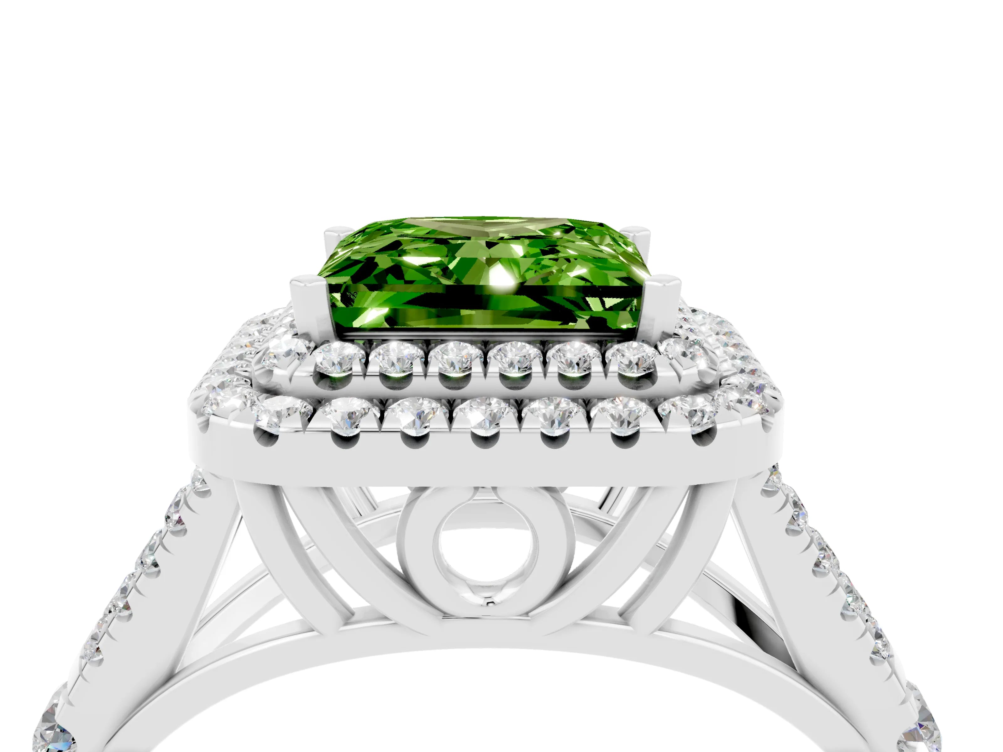 White gold Princess Cut Peridot Pavé Split Shank Double Halo Engagement Ring_4