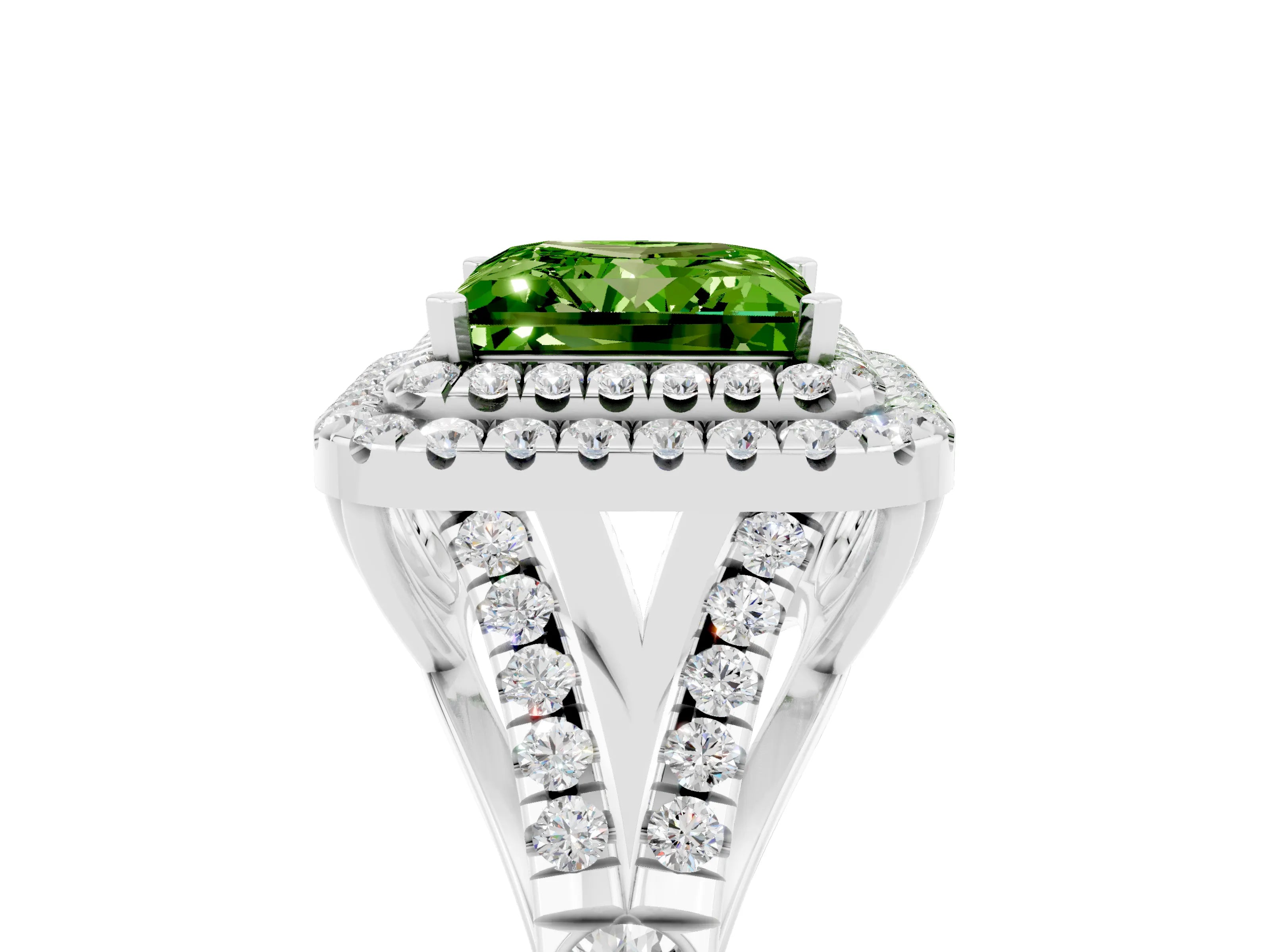 White gold Princess Cut Peridot Pavé Split Shank Double Halo Engagement Ring_5