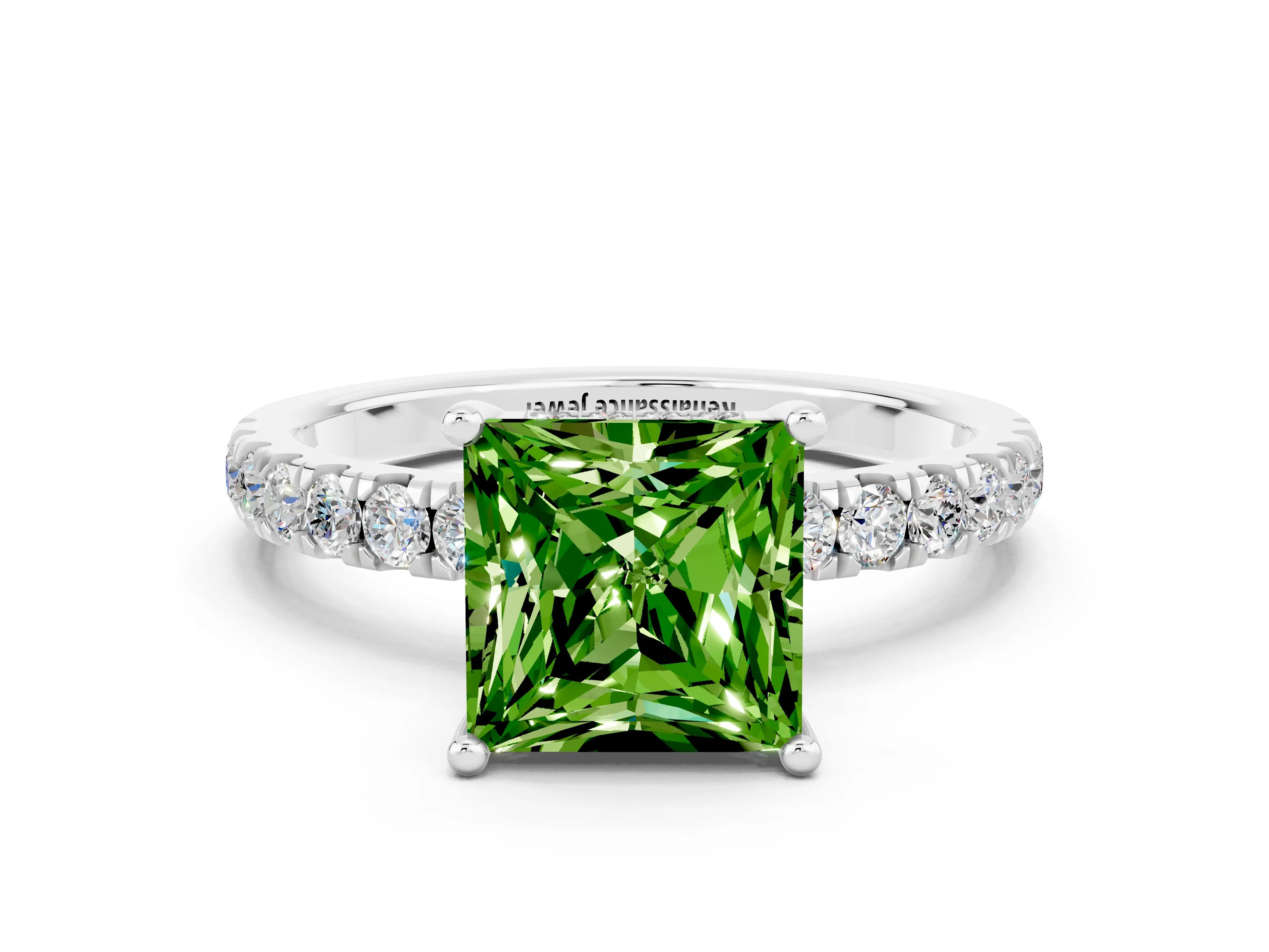 White gold Princess Cut Peridot Pave Band Solitaire Ring with Four-Prong Setting_24