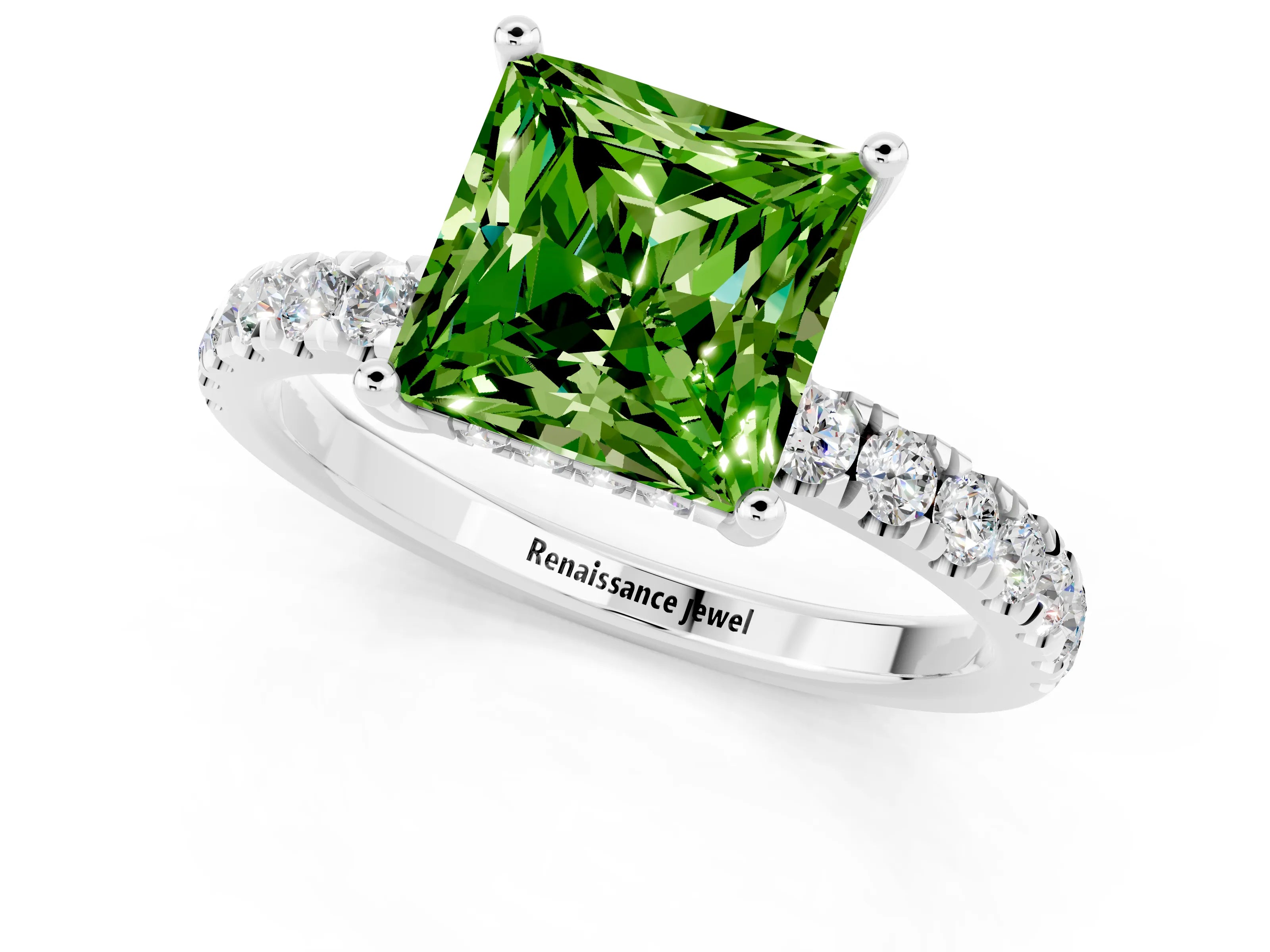 White gold Princess Cut Peridot Pave Band Solitaire Ring with Four-Prong Setting_25