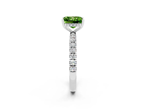Platinum Princess Cut Peridot Pave Band Solitaire Ring with Round  and Prong Setting